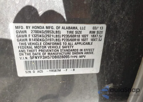 2013 Honda Pilot Ex-L z USA, uszkodzony, nr VIN 5FNYF3H57DB028095